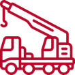 Red crane truck with raised boom and hook.