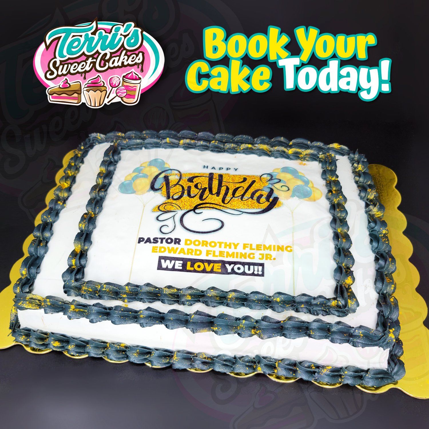 Edible Image Birthday Cake - Black and Gold