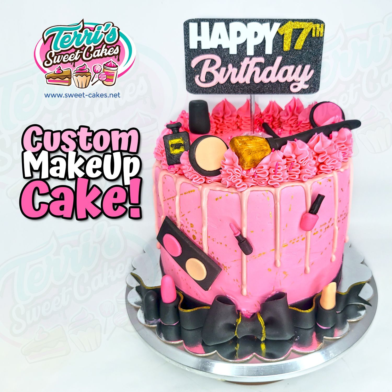 An exquisite Custom Makeup Birthday Cake by Terri's Sweet Cakes, featuring detailed decorations!