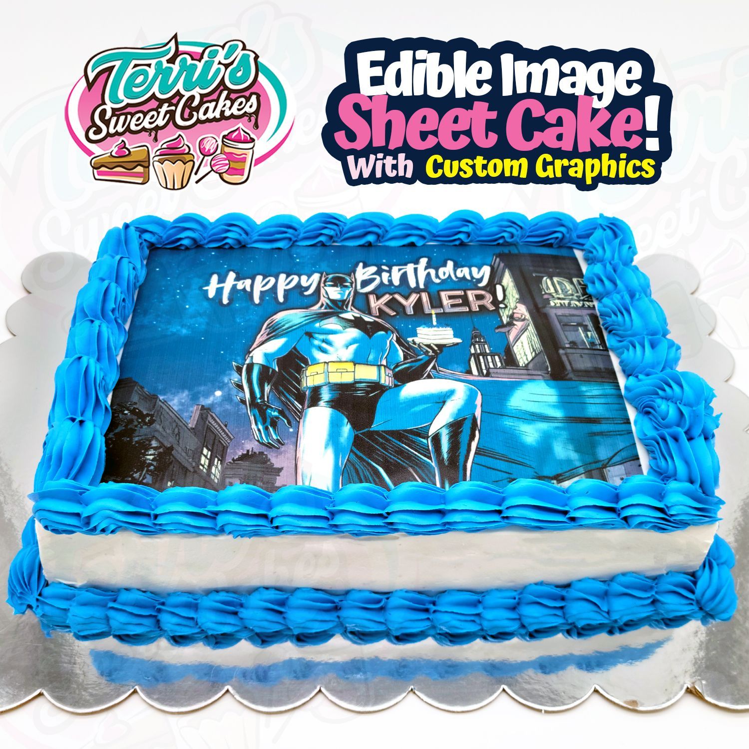 Batman Themed Edible Image Cake with Custom Graphics by Terri's Sweet Cakes!