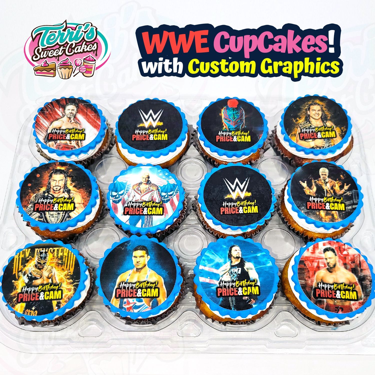 WWE CupCakes with custom graphics by Terri's Sweet Cakes!