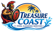 Treasure Coast Pool Cleaning Services logo with Roman warrior, palm tree, and blue wave graphics