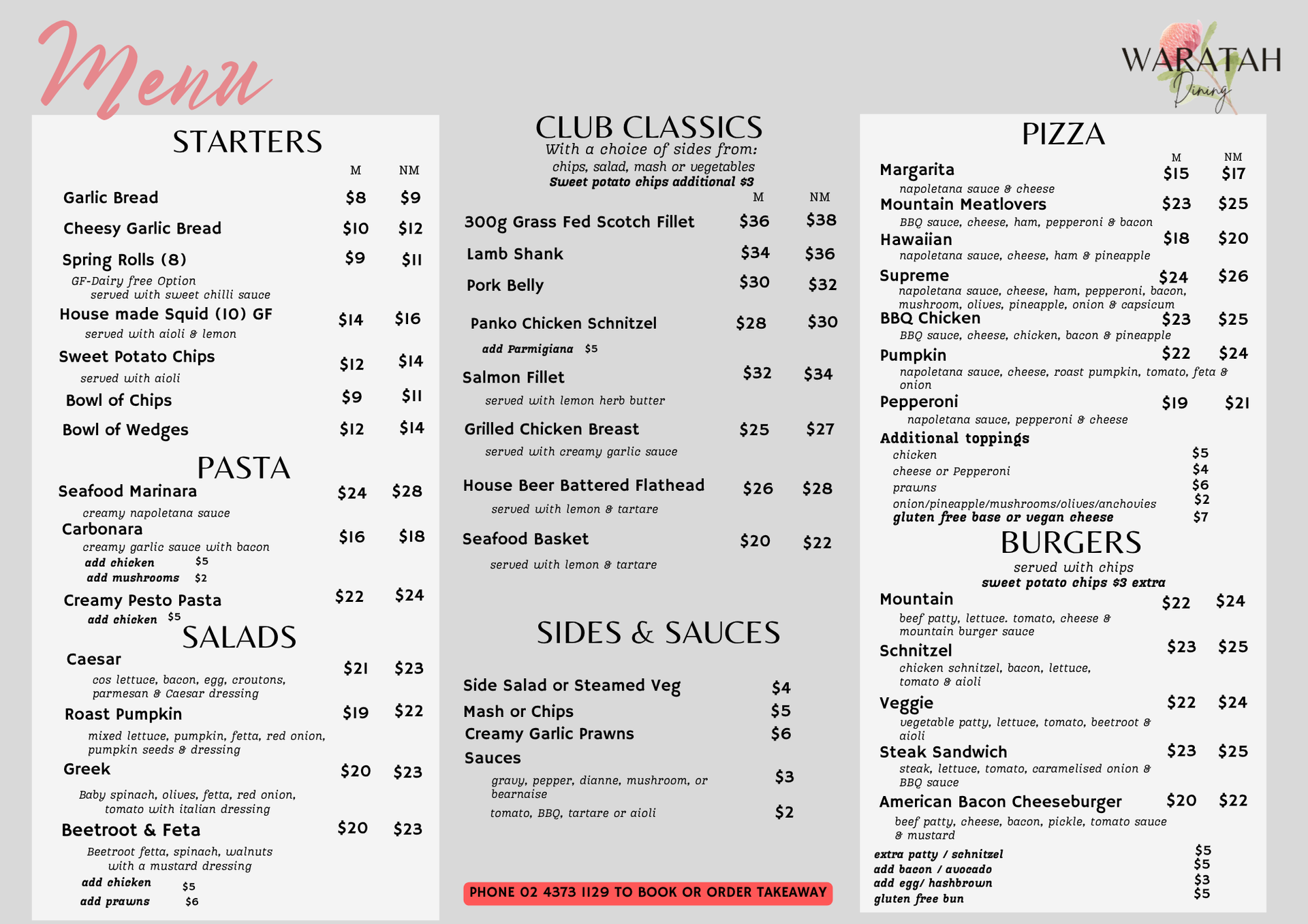 Waratah Menu Waratah Menu