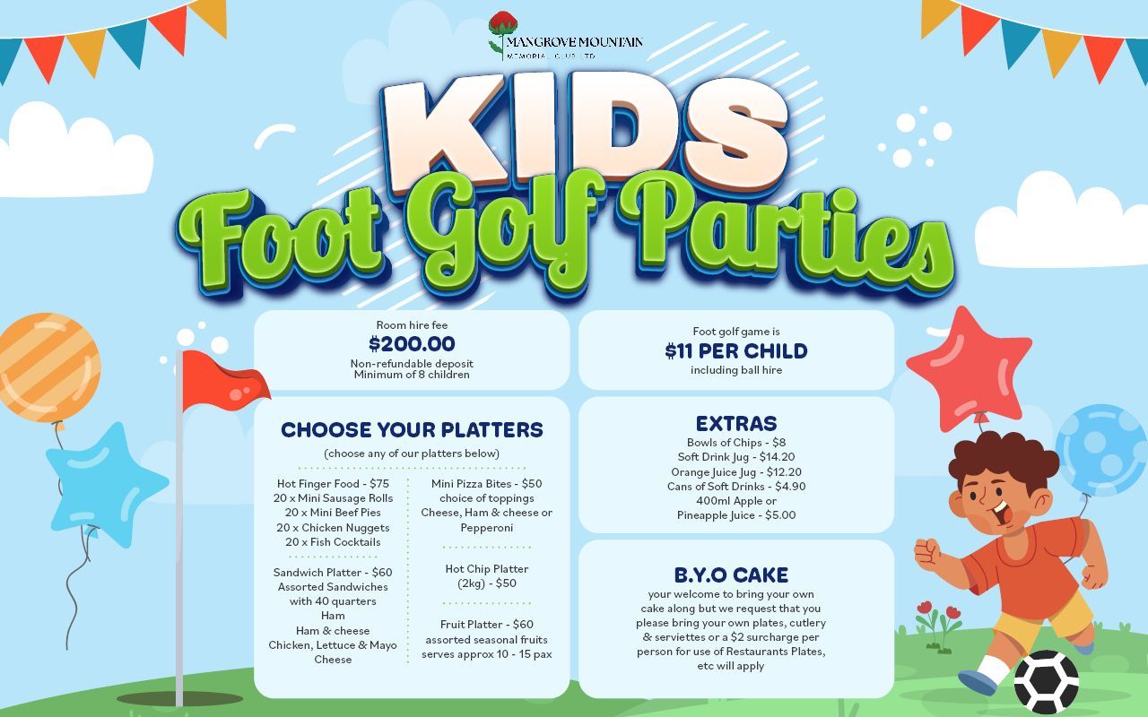 Kids Foot Golf Parties flyer with pricing, options, and a cartoon boy kicking a soccer ball.