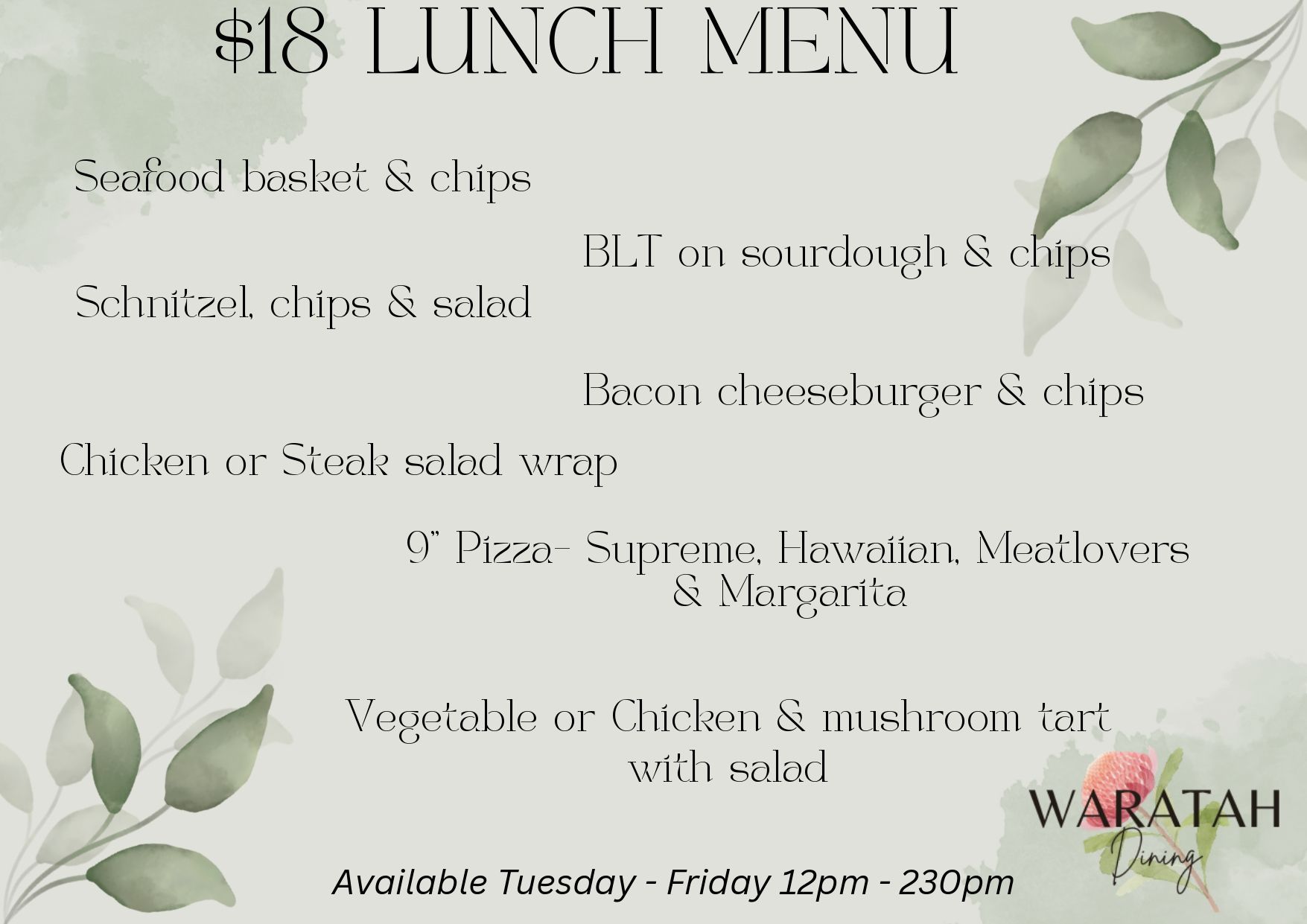 $ 18 Lunch Menu