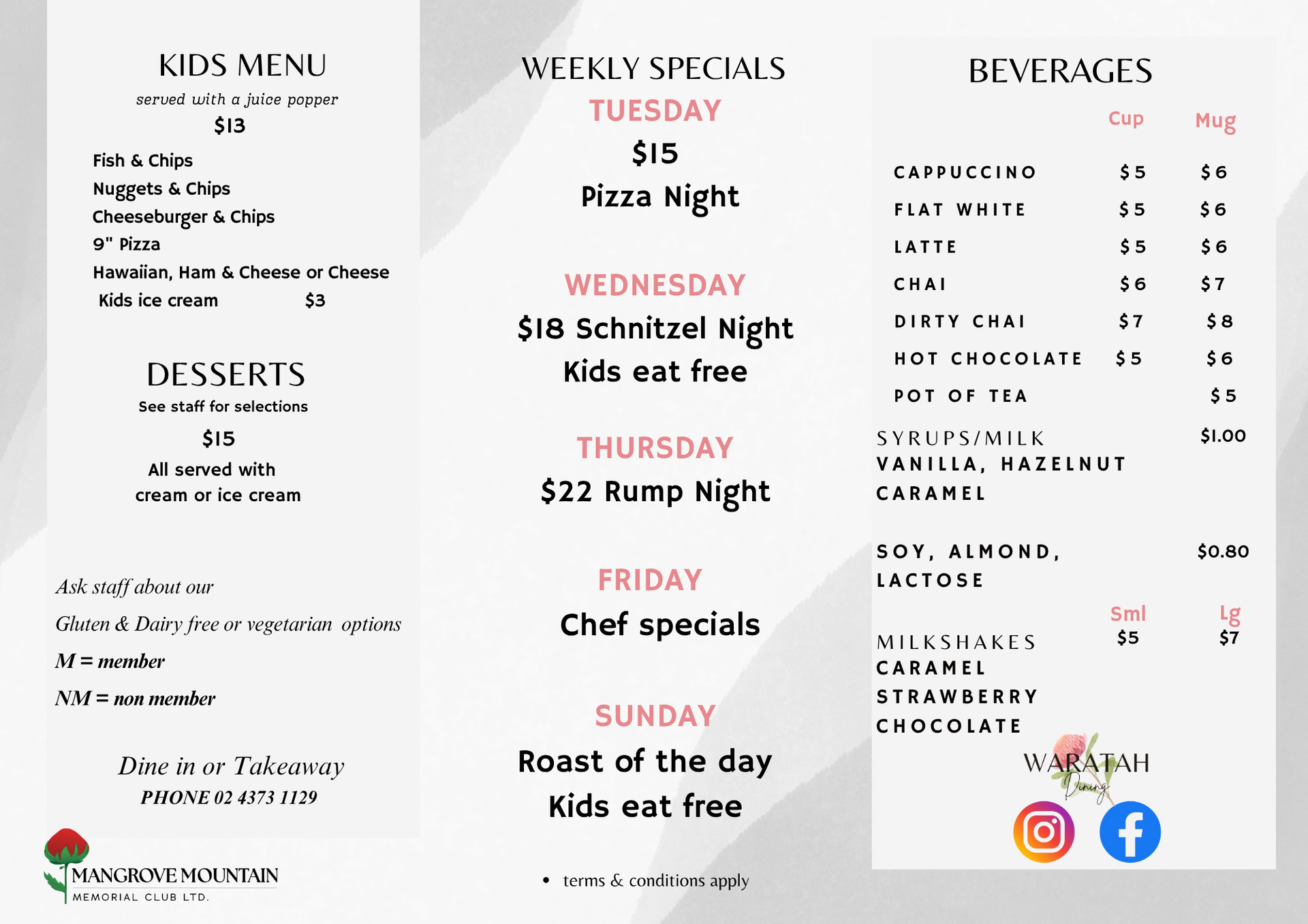 Waratah weekly specials menu Waratah weekly specials menu