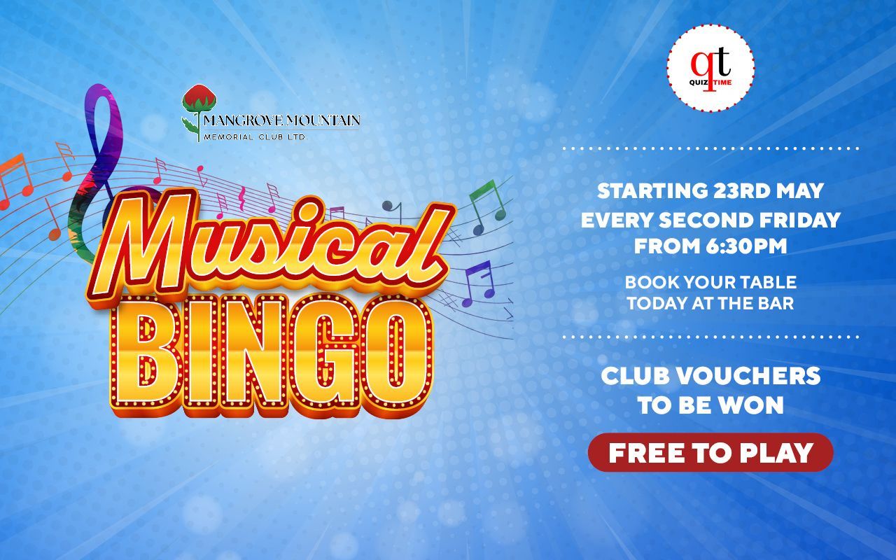 A blue background with the words musical bingo on it