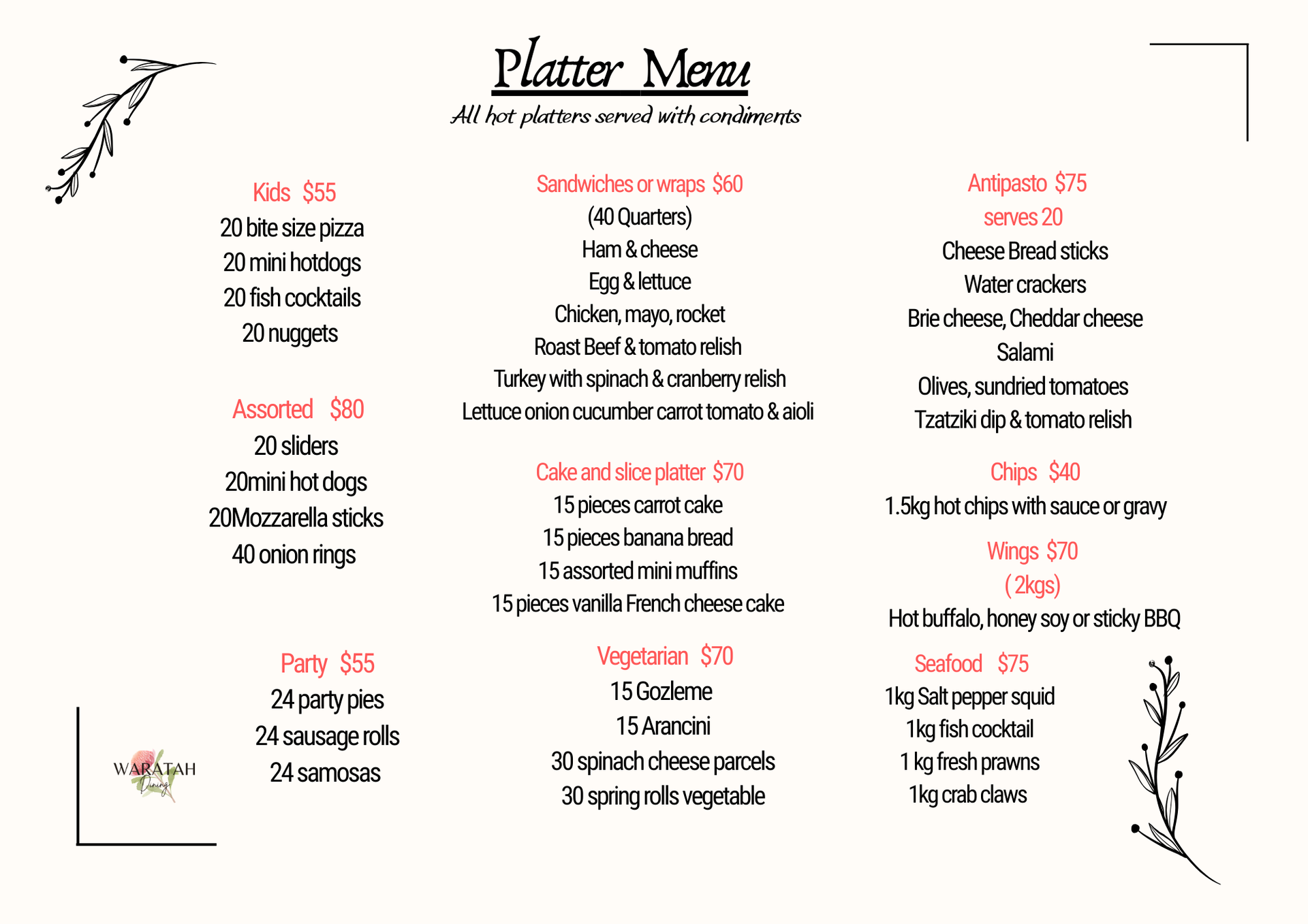 Food platters menu
