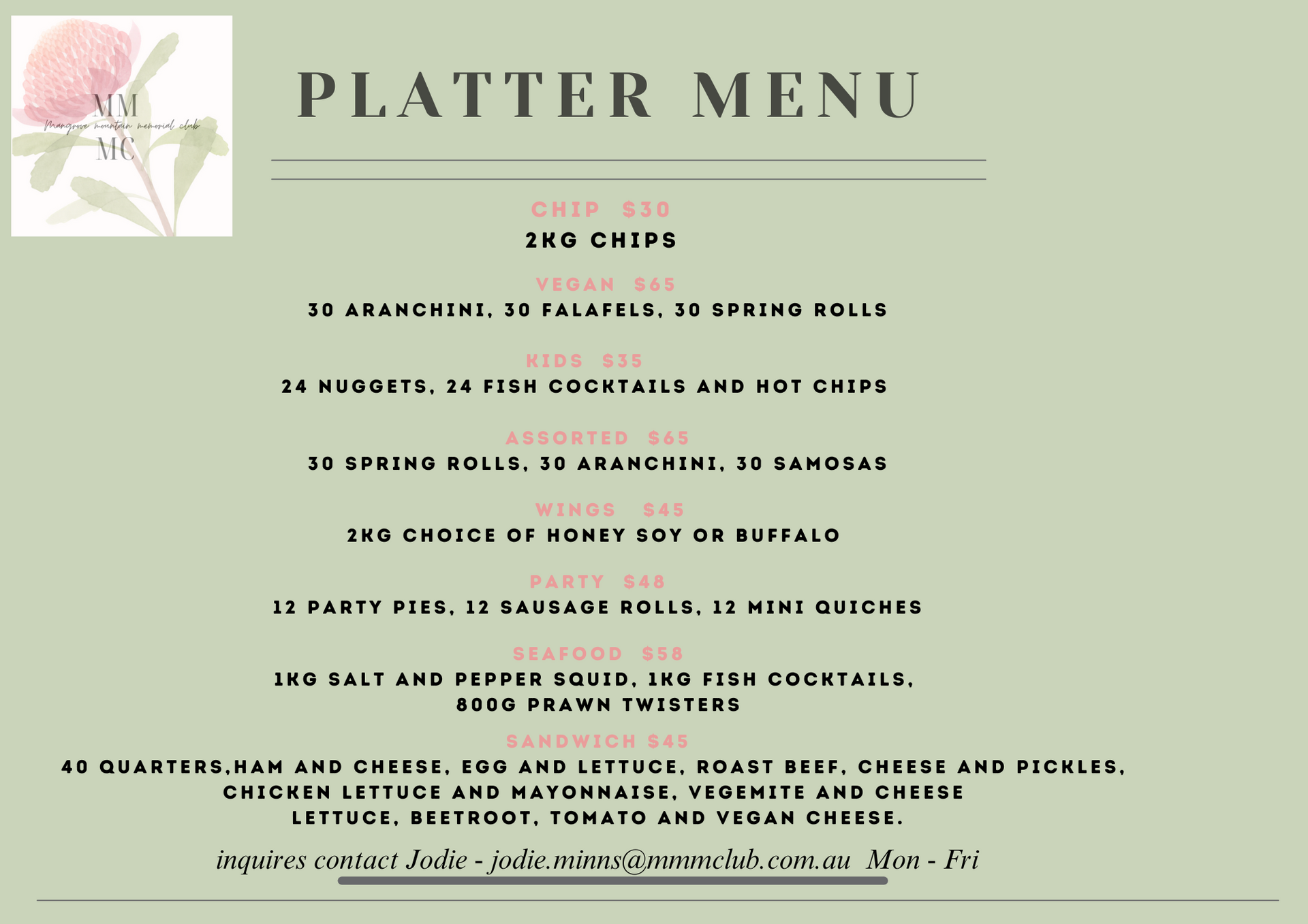 Food platters menu