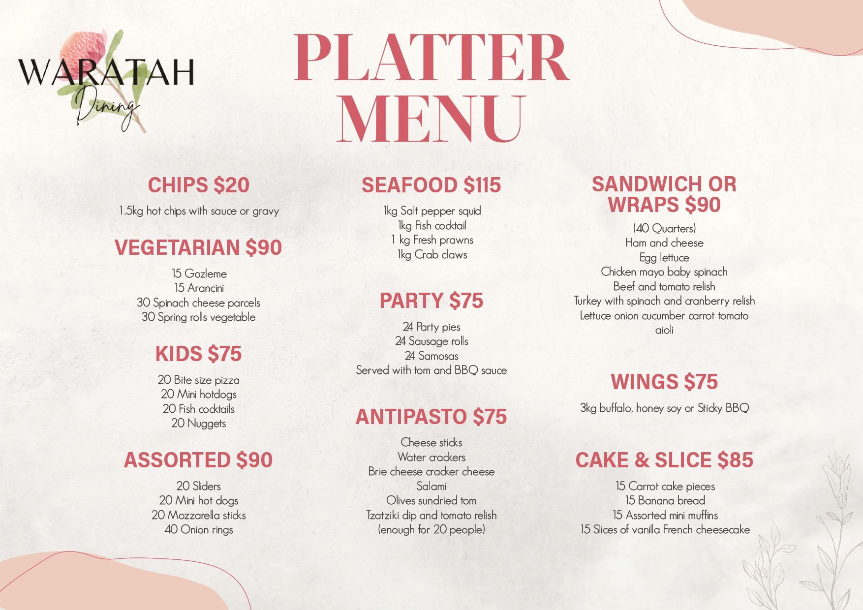 Food platters menu