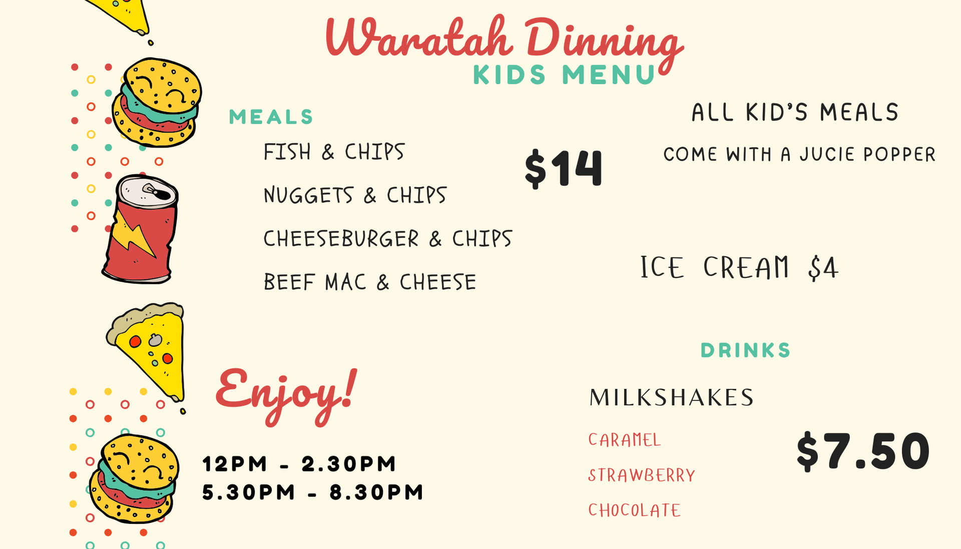 Waratah weekly specials menu
