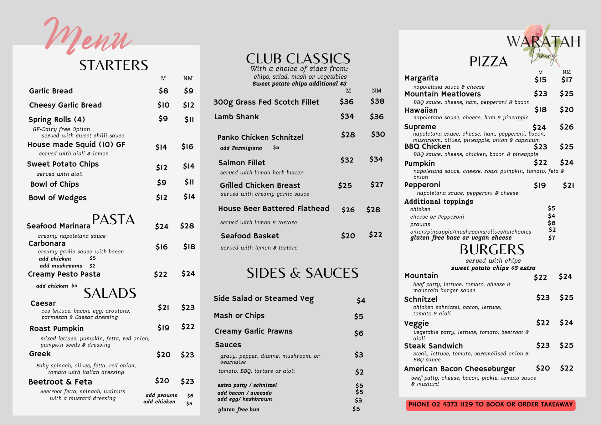 Waratah Menu Waratah Menu