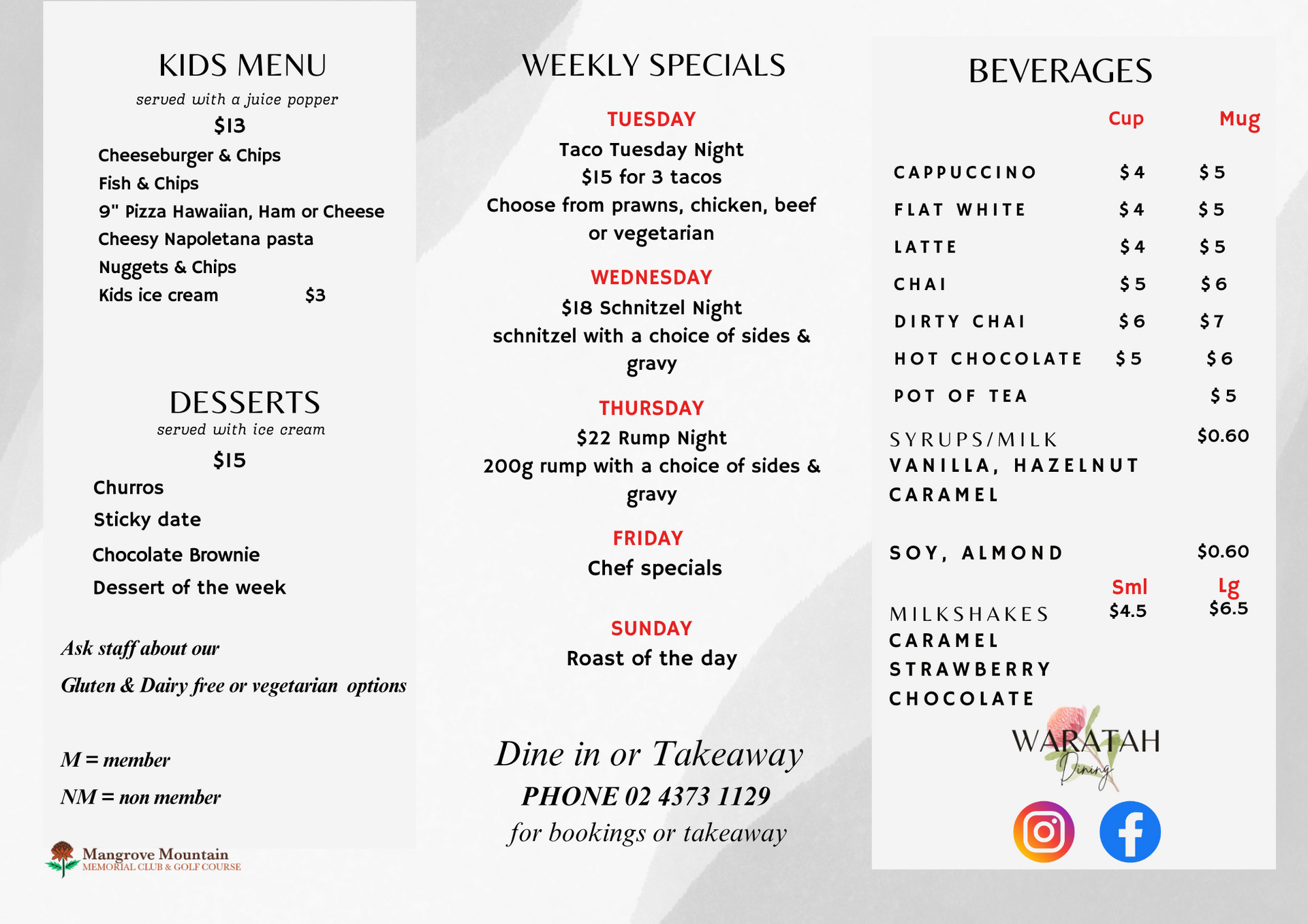 Waratah weekly specials menu