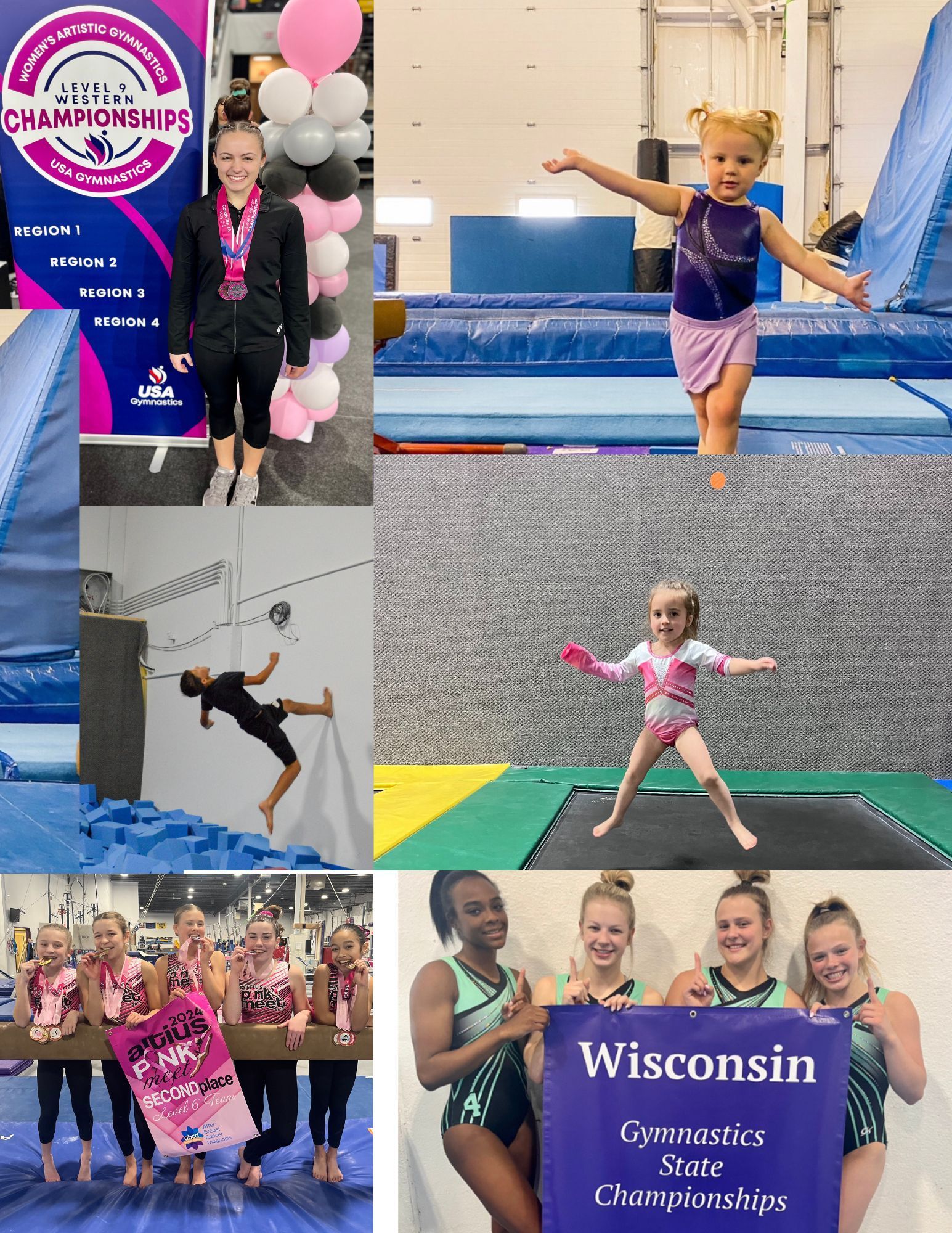 A collage of pictures of girls doing gymnastics in wisconsin