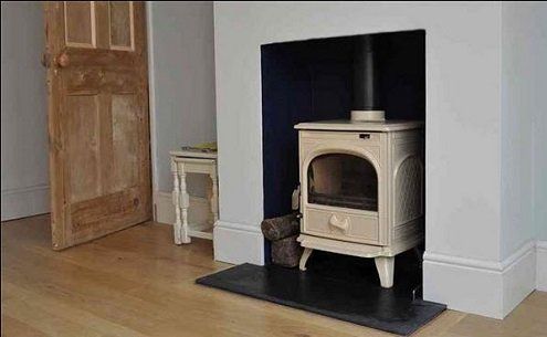 Traditional wood burning stove  inset in to open fireplace