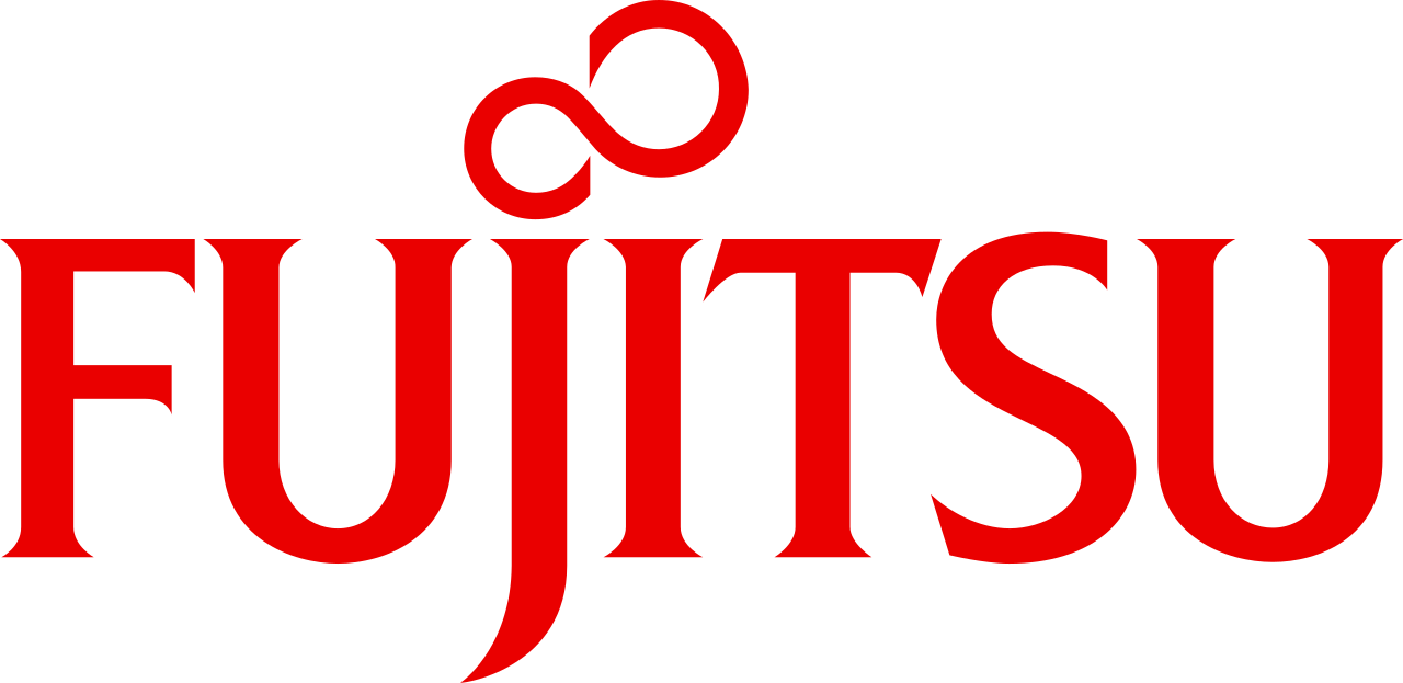 Red Fujitsu logo featuring the brand name in a serif font with an infinity symbol above the 'j' and 'i'.
