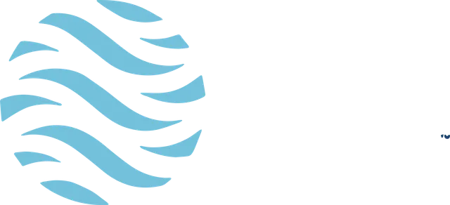 A circular logo featuring a series of light blue, wavy horizontal stripes against a white background.