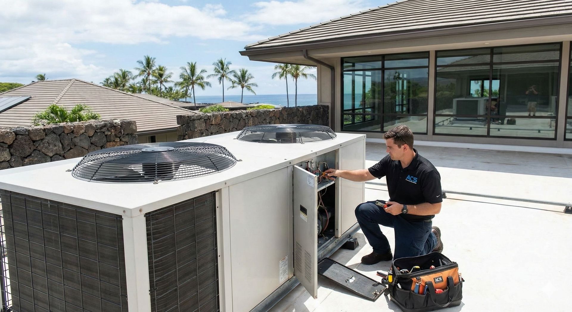 A technician kneels on a rooftop, repairing a large industrial air conditioning unit near a house overlooking the ocean.