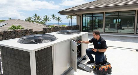 A technician kneels on a rooftop, repairing a large industrial air conditioning unit near a house overlooking the ocean.