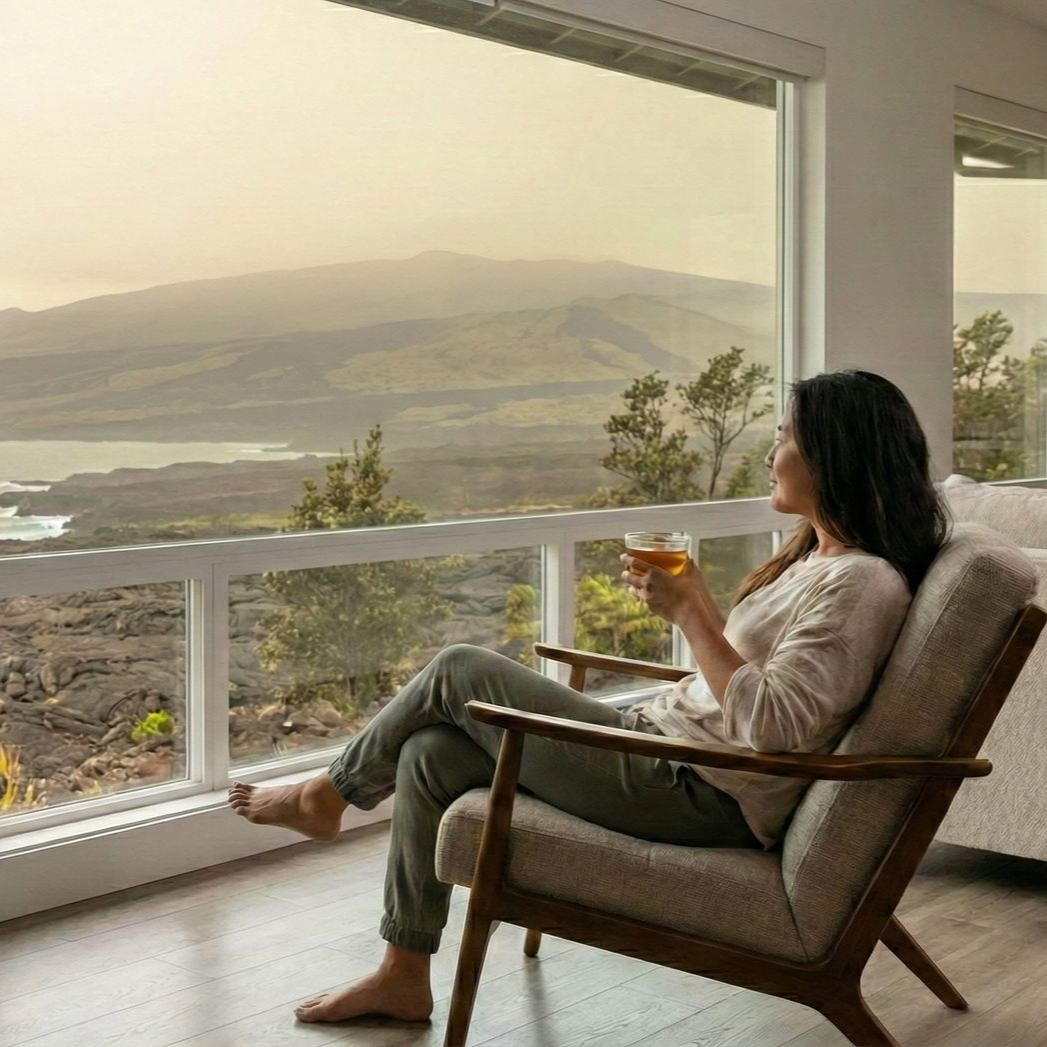 A person sits in a chair by a large window, looking at a coastal landscape with a calm, hazy sky while holding a drink.
