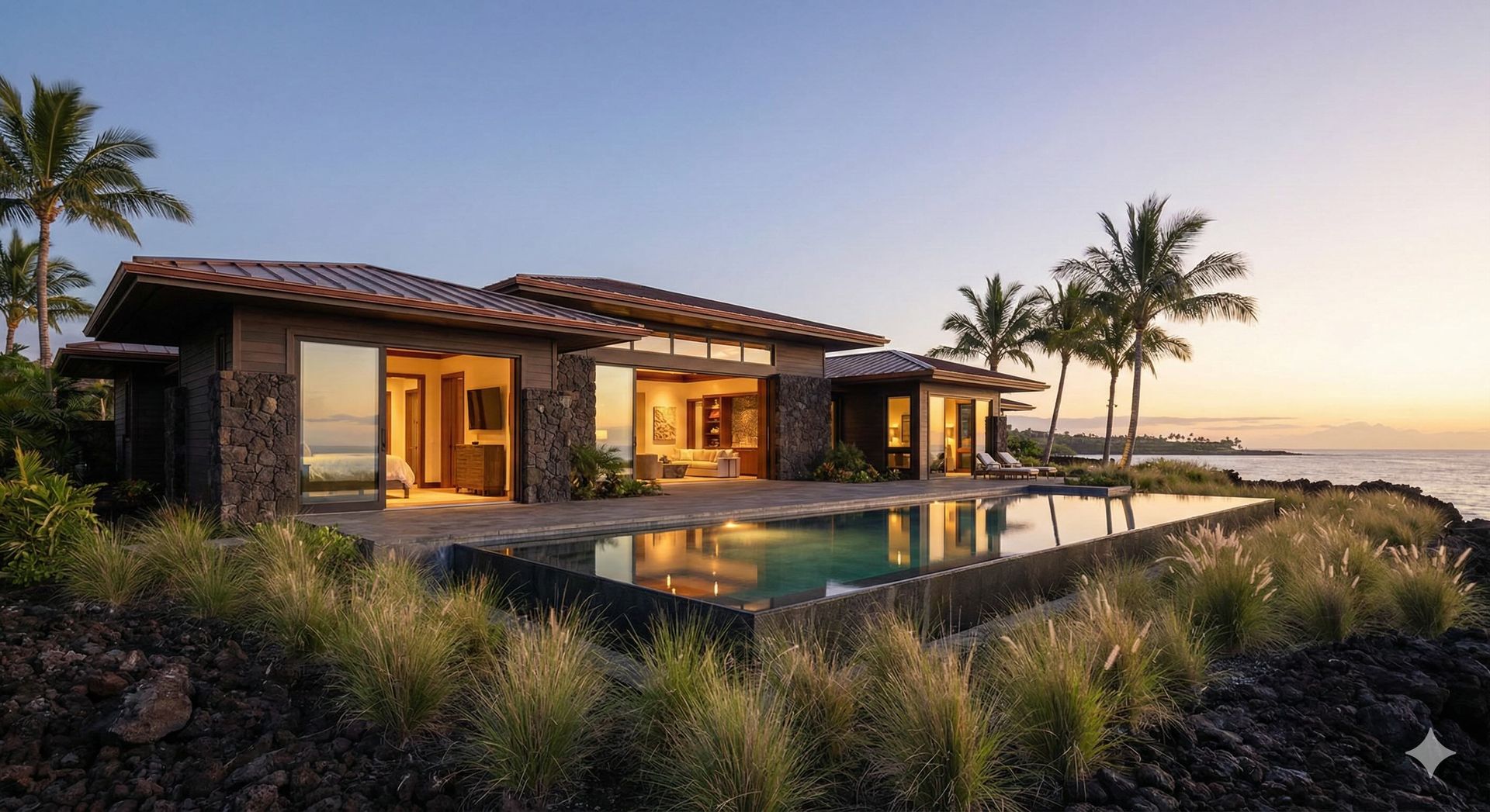 A modern luxury villa with a stone exterior and infinity pool overlooking the ocean at sunset, framed by palm trees.