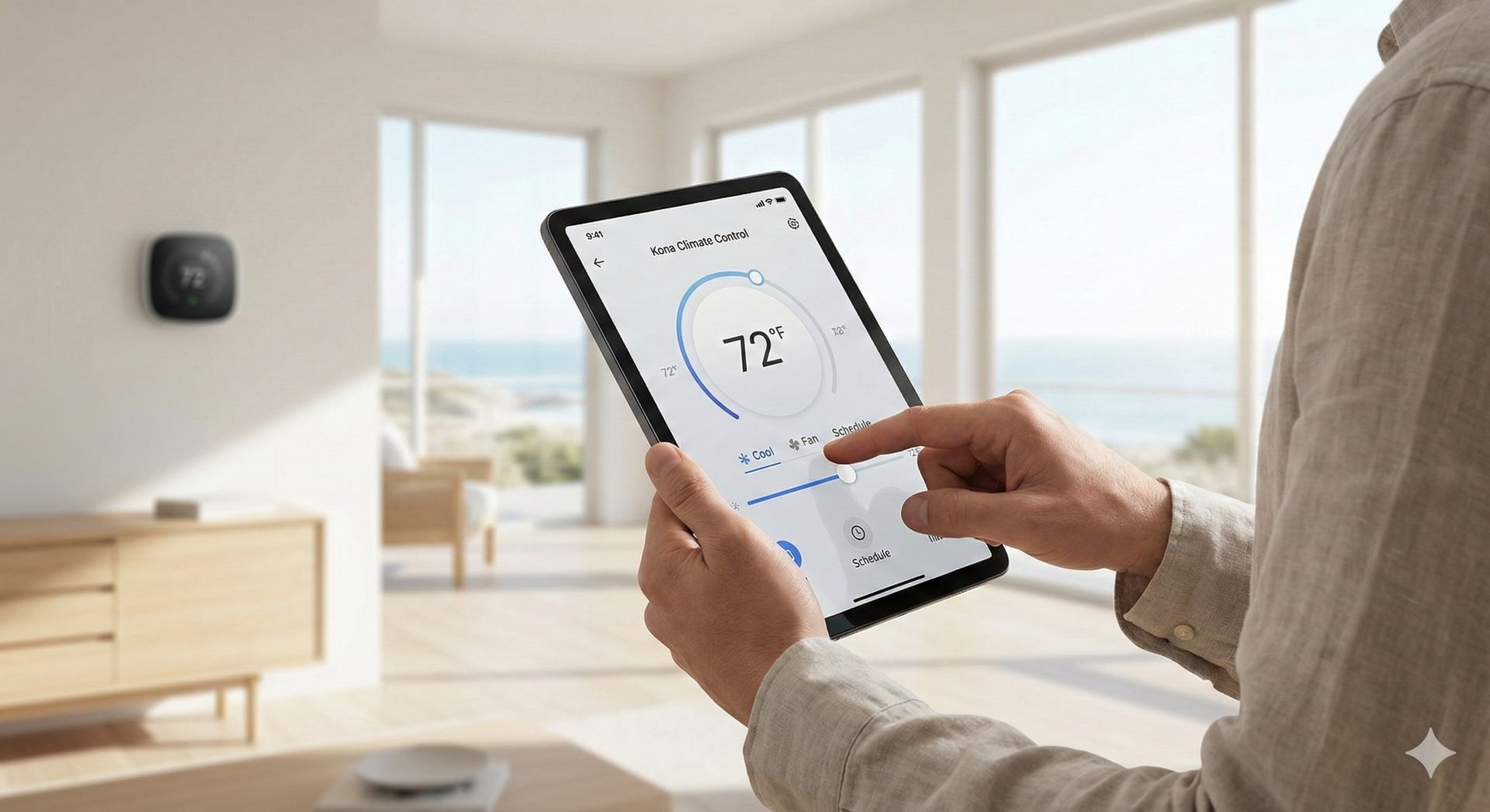 A person holds a tablet displaying smart home thermostat controls, with a matching device visible on the wall behind them.