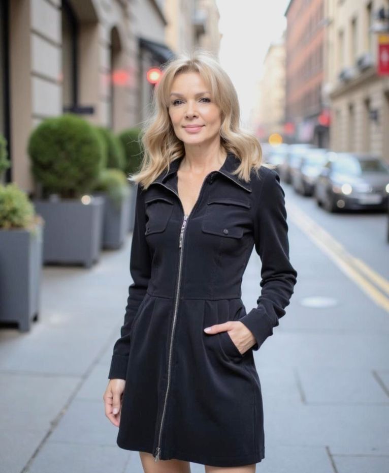 Woman in a black dress, standing on a sidewalk, smiling; city street background.