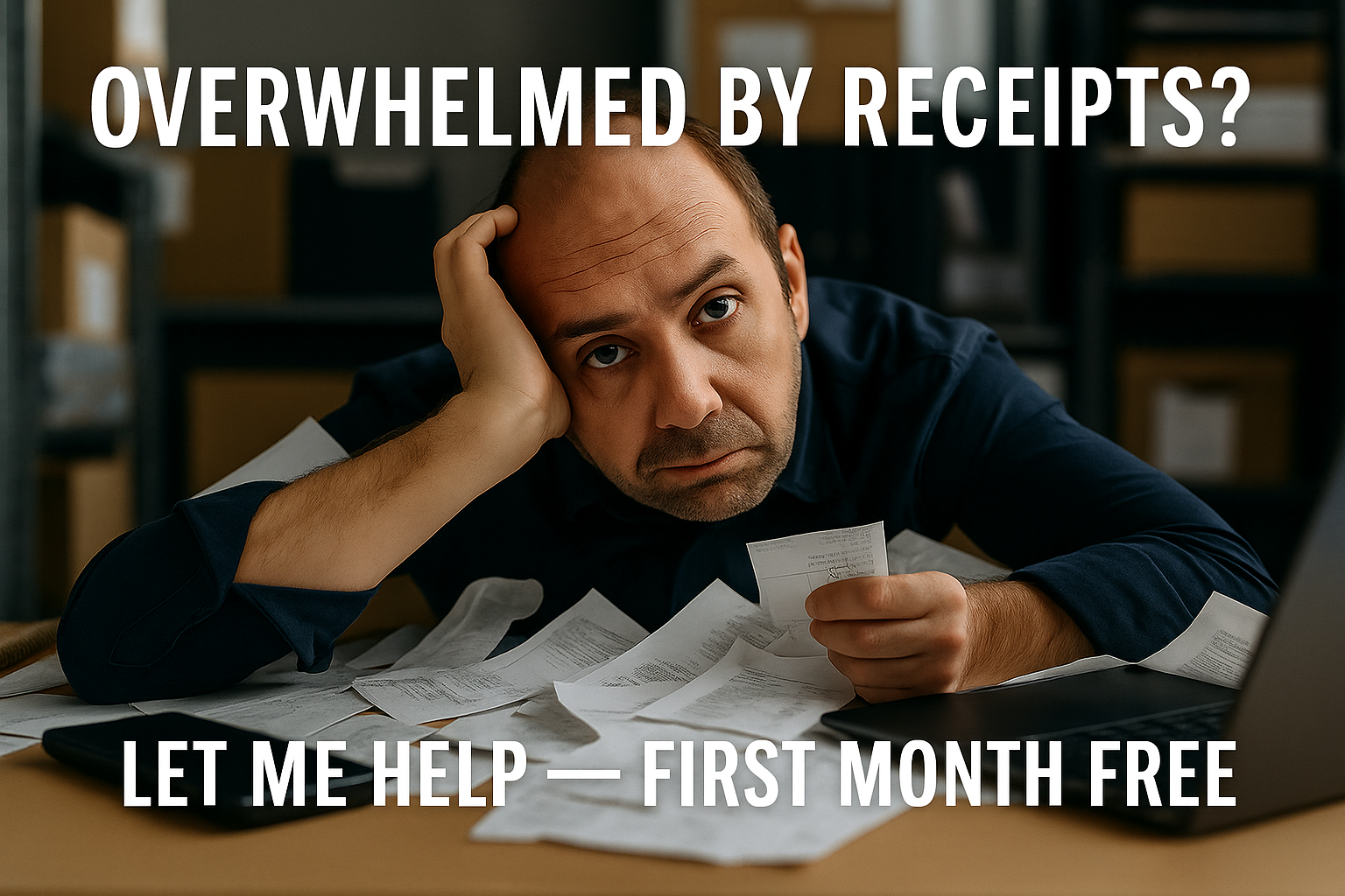 Overwhelmed man with receipts, symbolizing bookkeeping stress-AAG Wise Bookkeeping LLC
