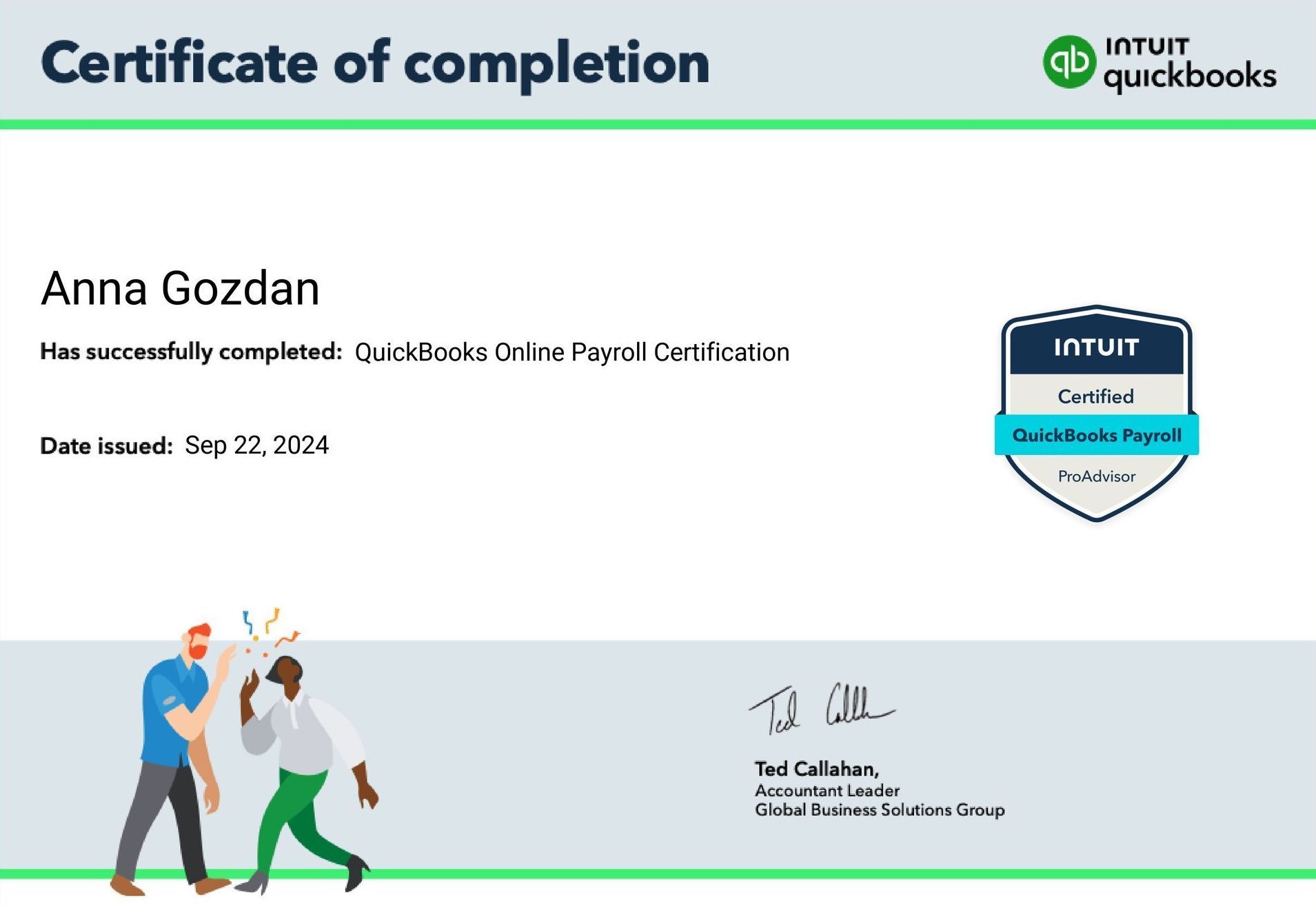 Certificate of Completion - QuickBooks Online Payroll