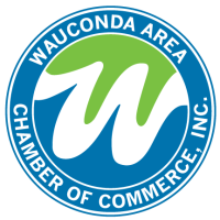 Wauconda Area Chamber of Commerce logo: blue, green, and white circular emblem with text and stylized "W".