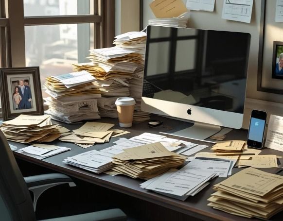 Desk cluttered with papers, coffee cup, computer, and phone, likely in an office setting.