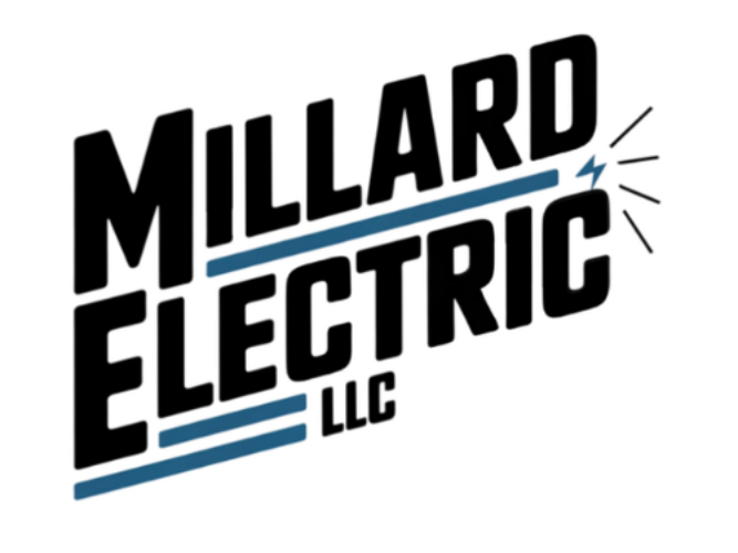 Millard Electric logo: Man in blue uniform working on electrical box with text, lines, and lightning bolt.