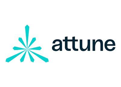A logo for attune with a blue star on a white background.