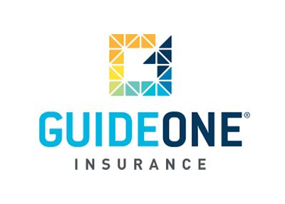 A logo for guideone insurance with a triangle in the middle