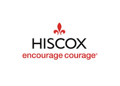 The logo for hiscox encourages courage with a red fleur de lis