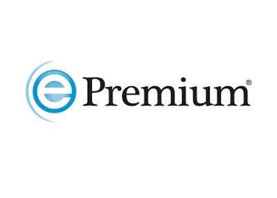 A blue and black logo for e premium on a white background.