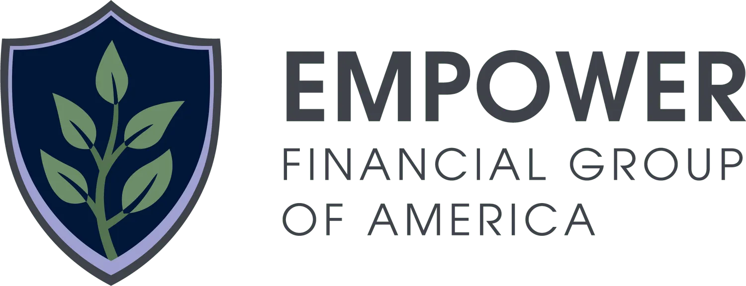 Empower Financial Group of America logo: shield with leafy branch, dark blue, gray text.