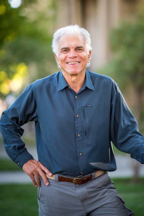A man in a blue shirt and grey pants is standing with his hands on his hips.