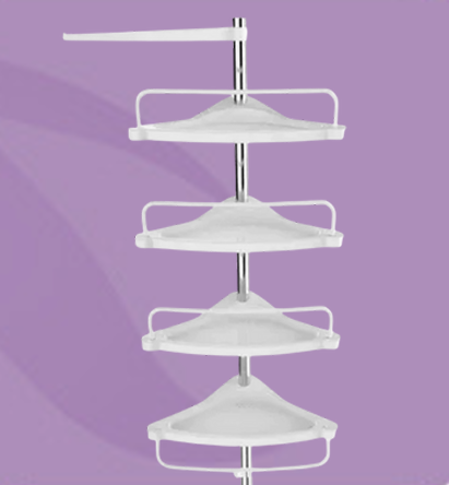Estantería de ducha de esquina blanca con cuatro estantes, barra cromada y brazo extensible, sobre un fondo violeta.