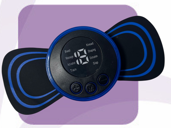 Dispositivo estimulador muscular eléctrico con diseño en color azul y negro