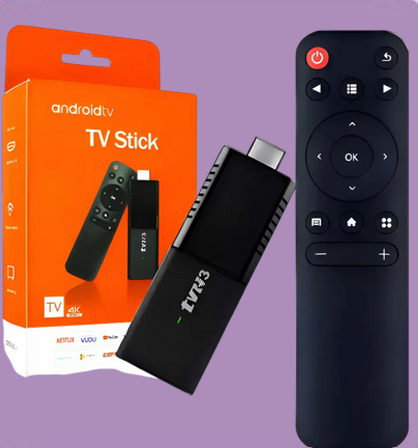 Stick Android TV con mando a distancia y embalaje, color negro y naranja.