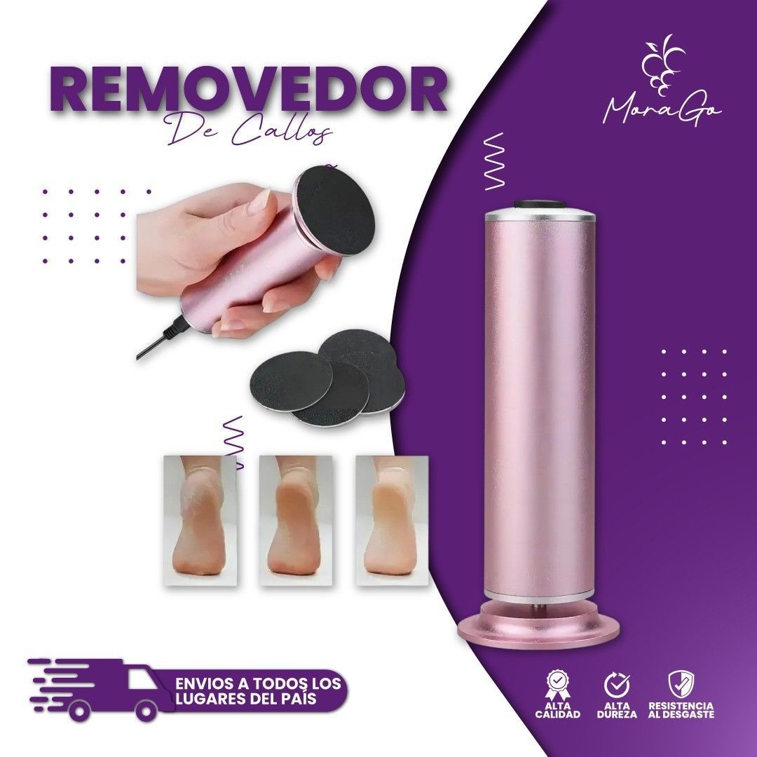 Removedor de callos de color rosa con accesorios; muestra el pie antes y después de su uso.