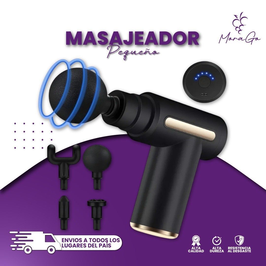 Pistola de masaje de mano negra con accesorios, detalles azules y texto 