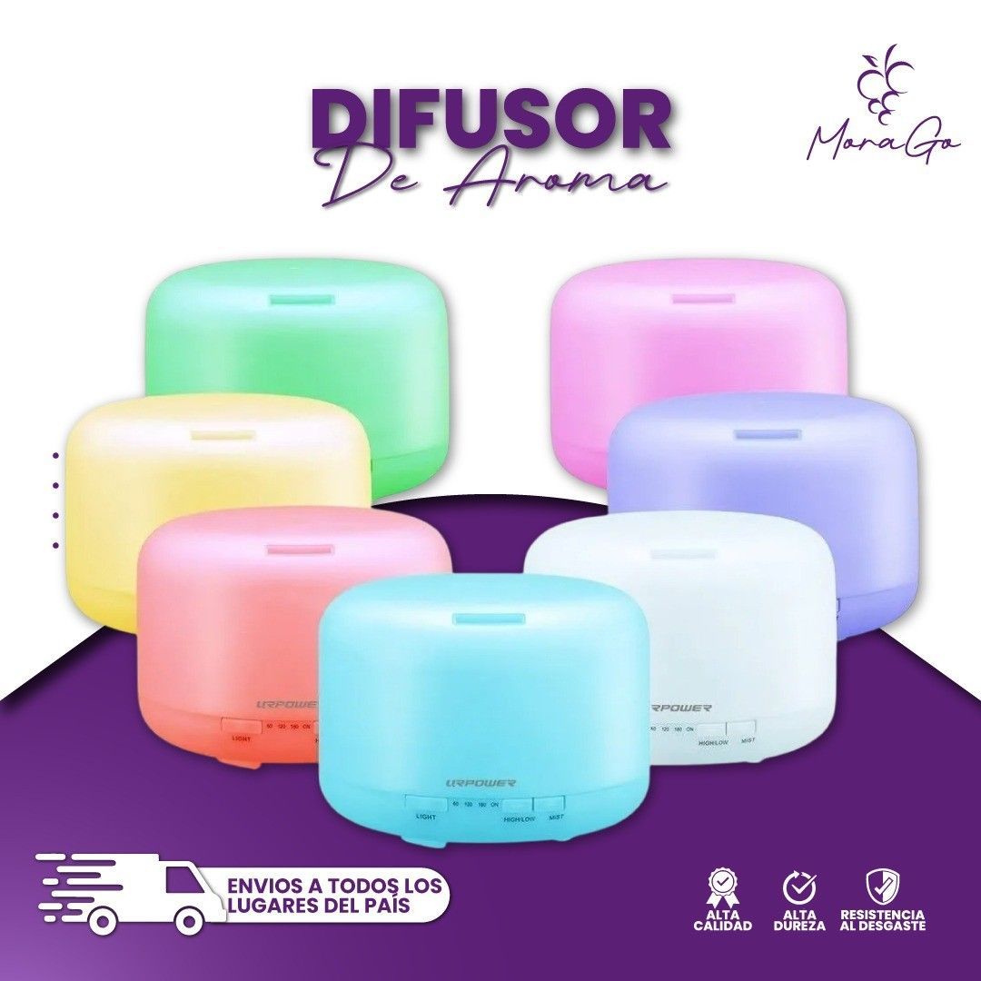 Difusores de aroma coloridos, varios colores, con etiqueta de producto e ícono de camión de reparto.