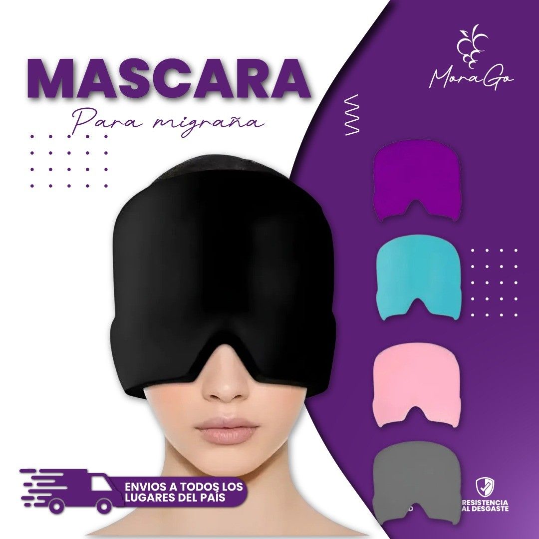 Mujer que lleva una máscara negra para migraña; anuncio de producto con opciones de color mostradas, fondo morado.
