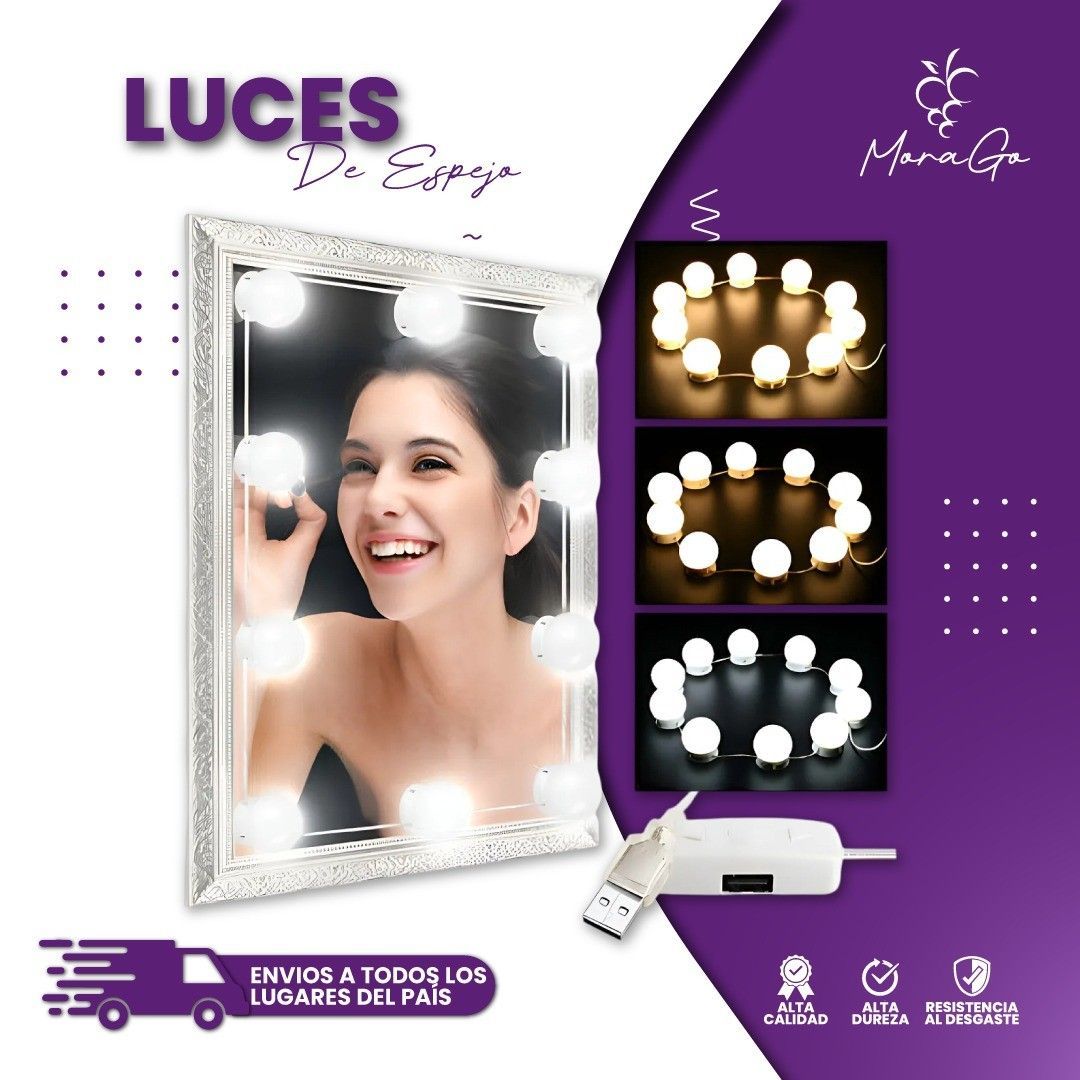 Espejo de maquillaje con luces; una mujer sonríe mientras lo usa. Cable USB, fondo morado, anuncio de producto.