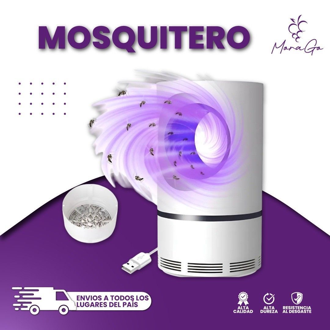 Trampa para mosquitos que emite luz violeta, con una taza de insectos muertos.