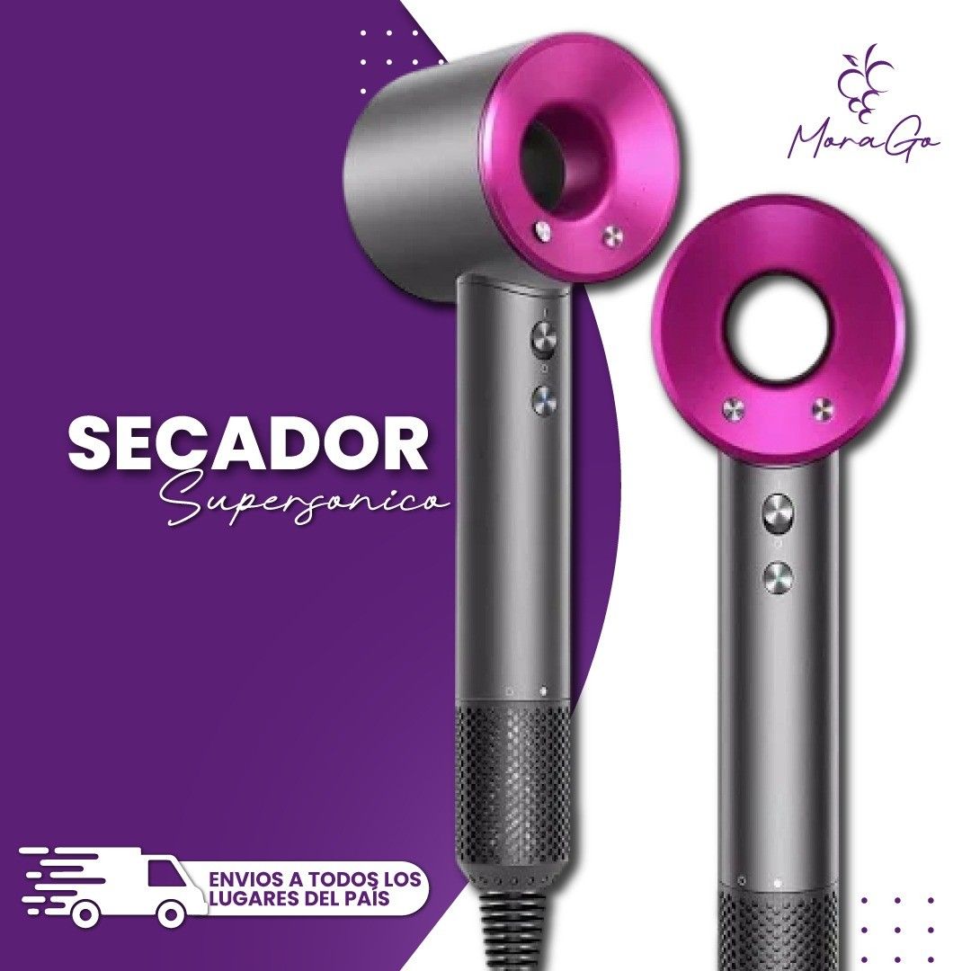 Secador de pelo Dyson Supersonic, gris y magenta, con texto 