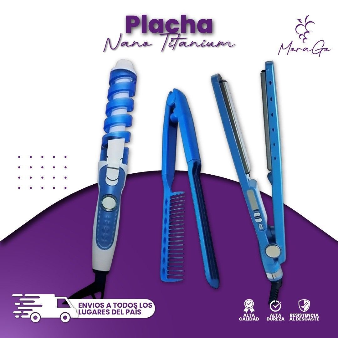 Herramientas de peinado azules: rizador, plancha y peine. Texto 