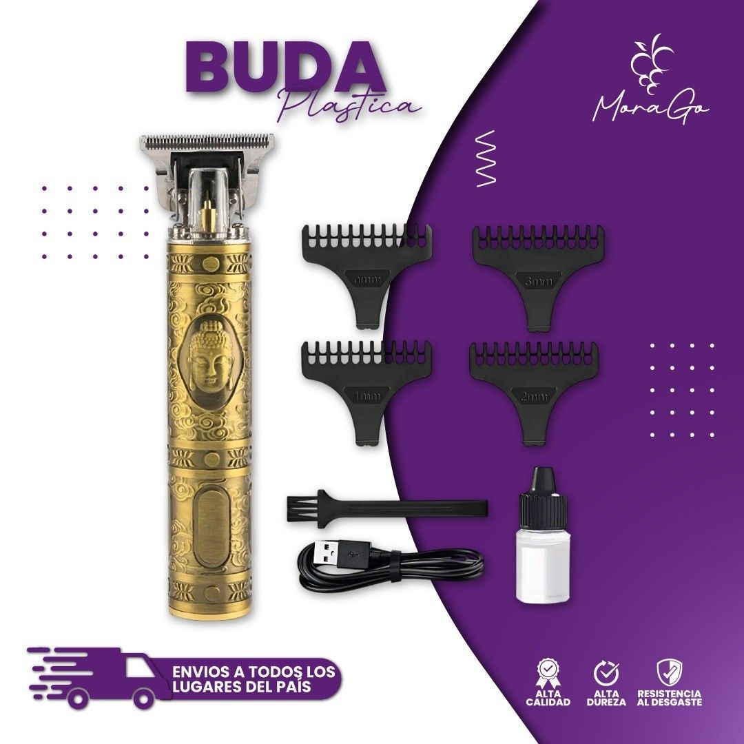 Cortapelos dorado con accesorios, fondo morado, texto 